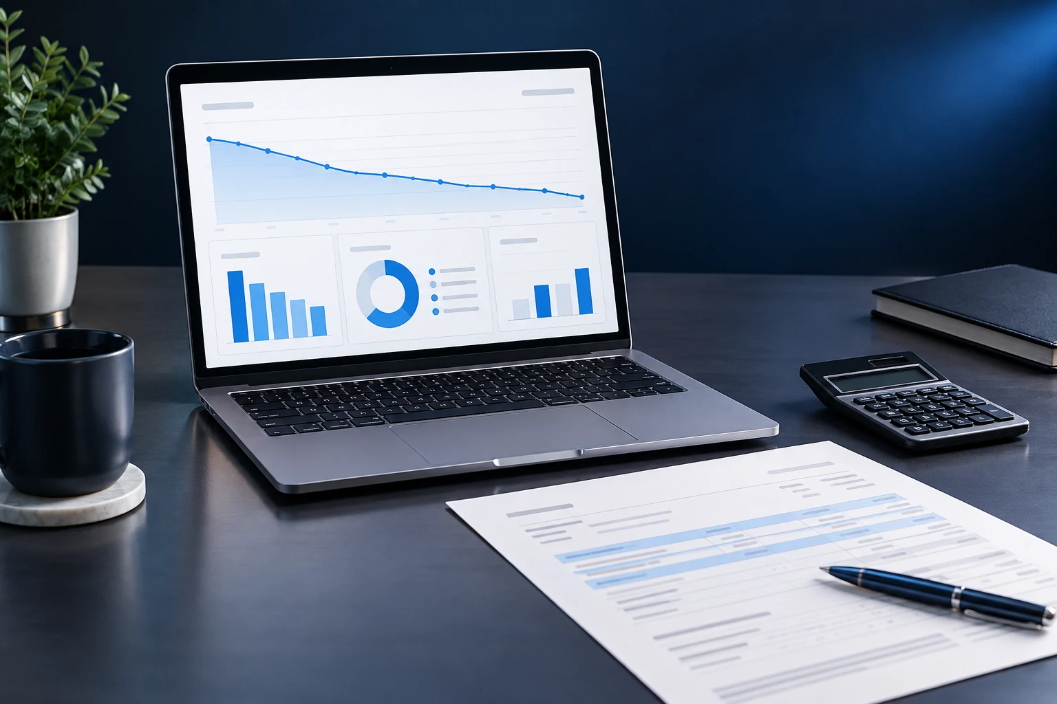 Laptop with illustrative processing-cost dashboard and highlighted statement.