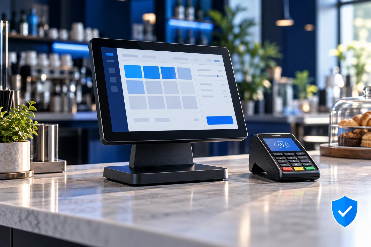 Unbranded POS terminal and card reader on a business counter.